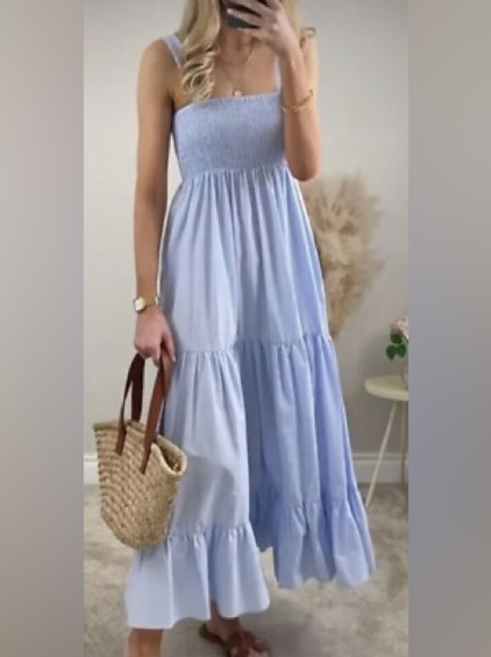 Zara Light Blue Smocked Sleeveless Tiered Maxi Dress